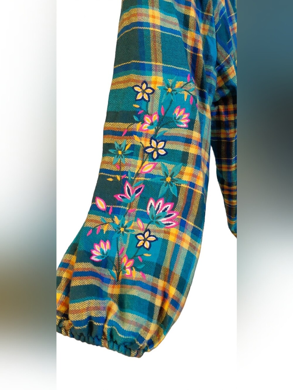 The Pioneer Woman Teal & Yellow Plaid Lace-Up Peasant Blouse - Picture 4 of 6